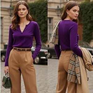 Stunning Ellen Tracy 100٪ Extra Fine Merino Wool Purple Knit Sweater